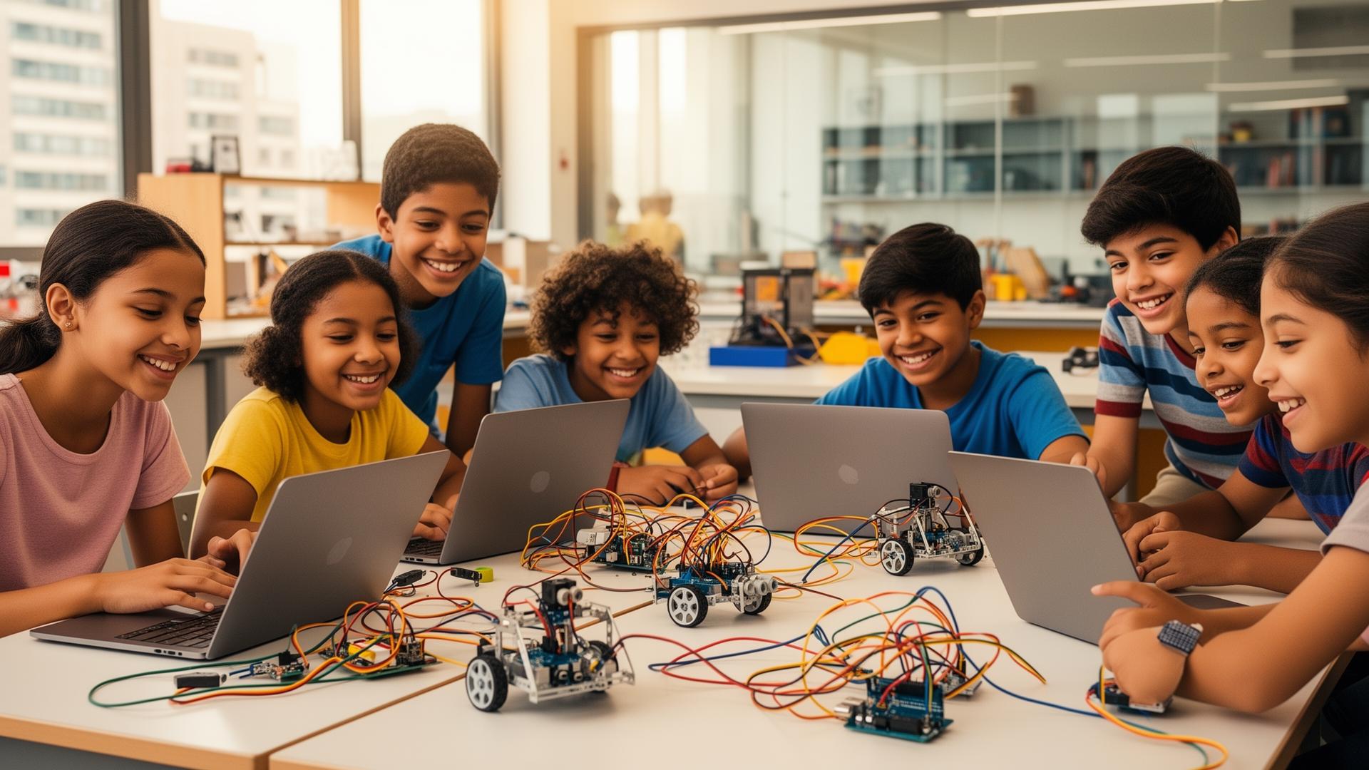 Estudiantes trabajando en un makerspace con robótica y electrónica
