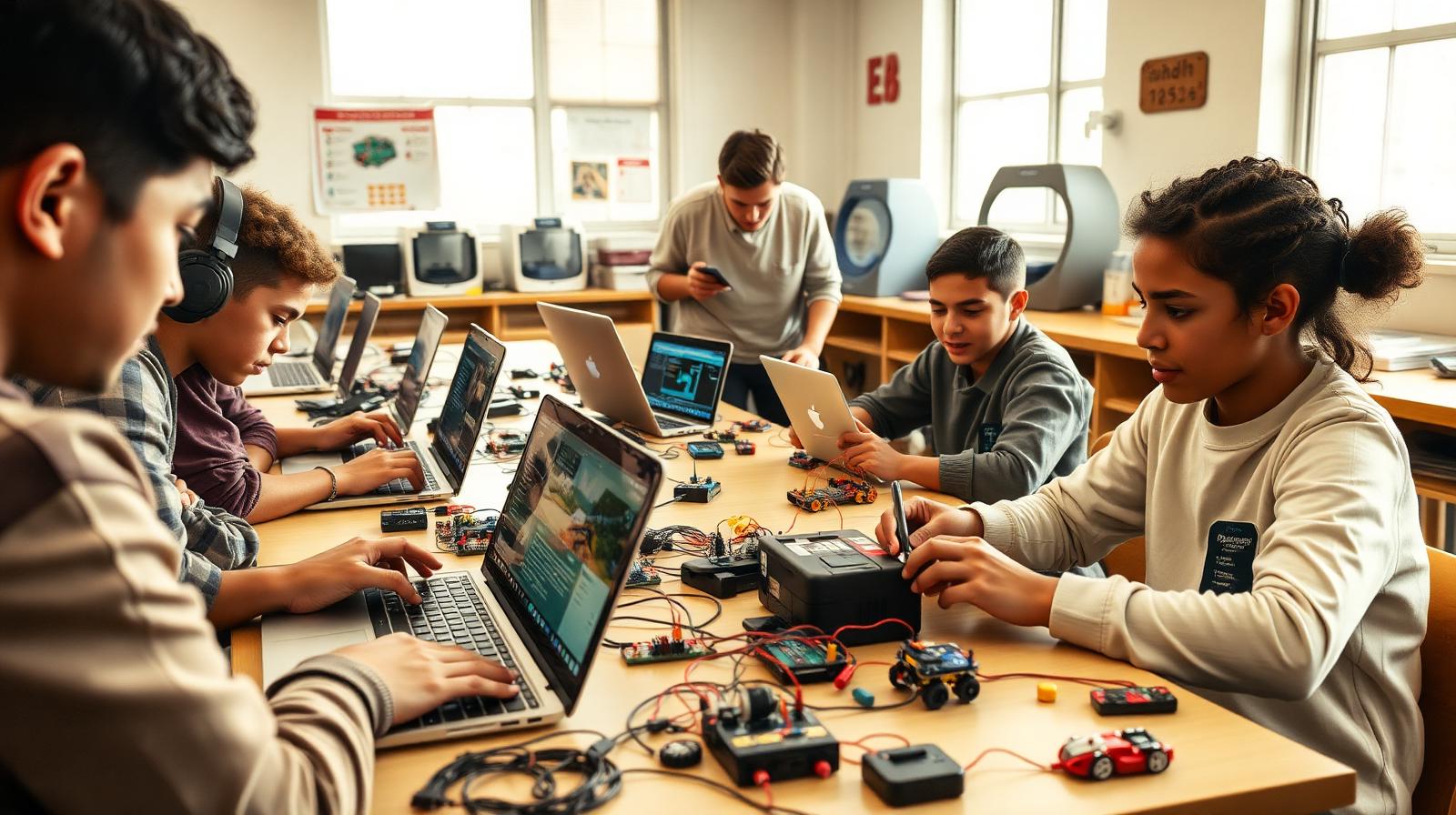 Estudiantes programando tarjetas electrónicas y kits educativos