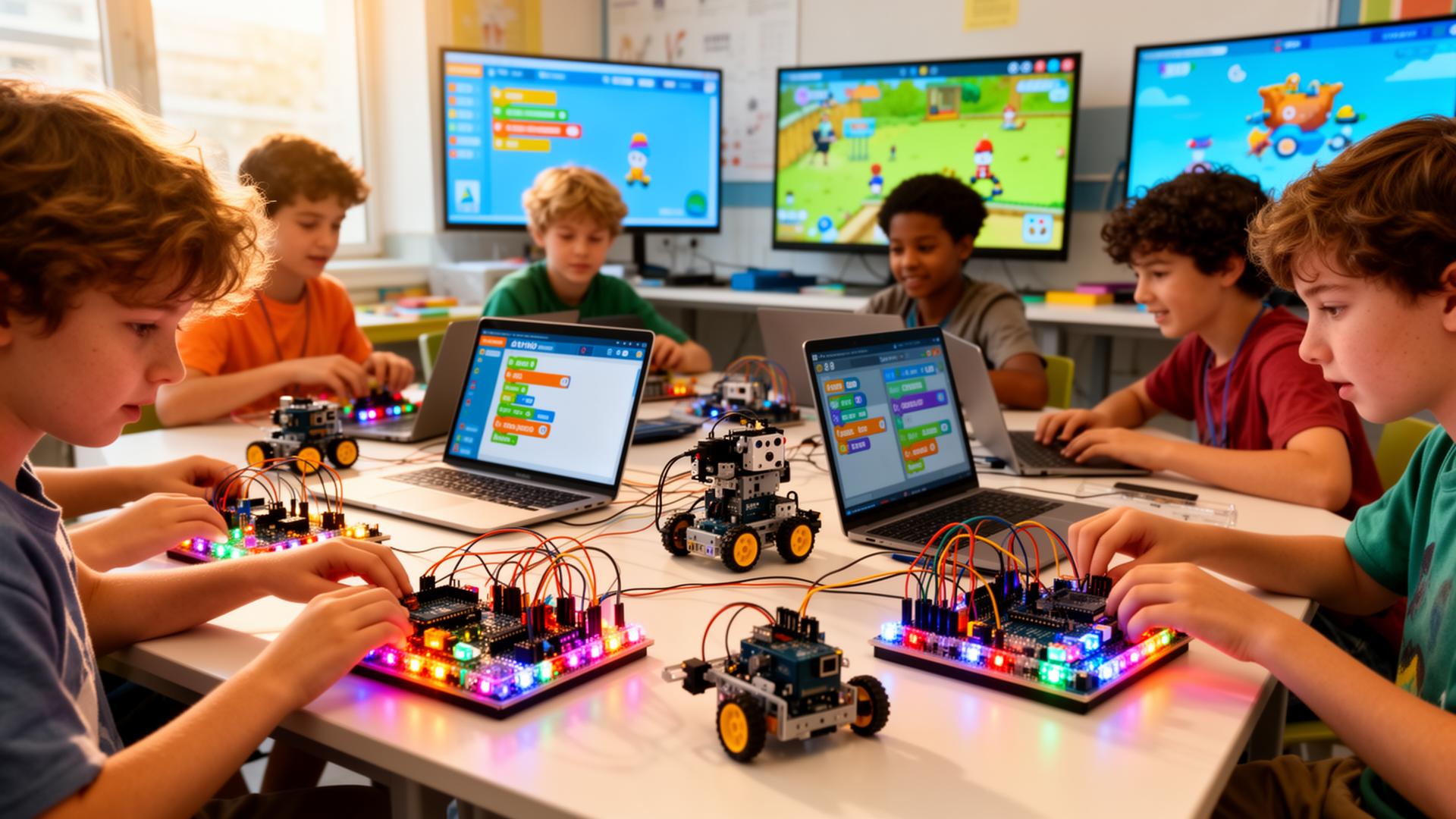 Niños programando tarjetas electrónicas, robots y videojuegos